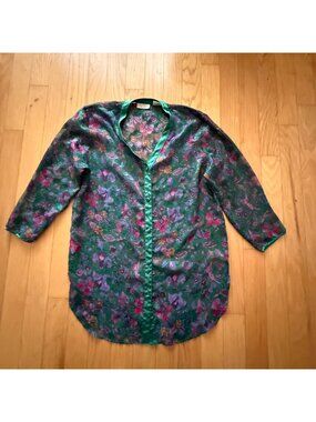 Victoria's Secret Women's M/L Green/Pink Floral Button Up Chiffon Casual Blouse